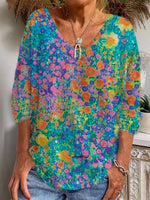 Green Floral V Neck Long Sleeve Blouse