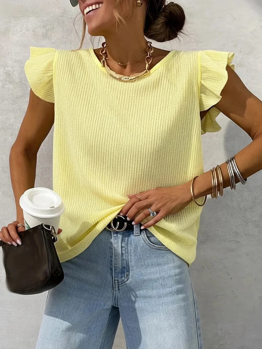 Yellow Ribbed Ruffle Sleeve Casual Top