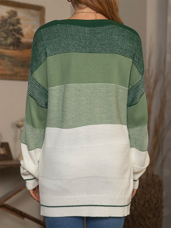 Green Casual Tops Round Neck Long Sleeve Stripe Printed Sweater
