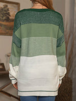 Green Casual Tops Round Neck Long Sleeve Stripe Printed Sweater