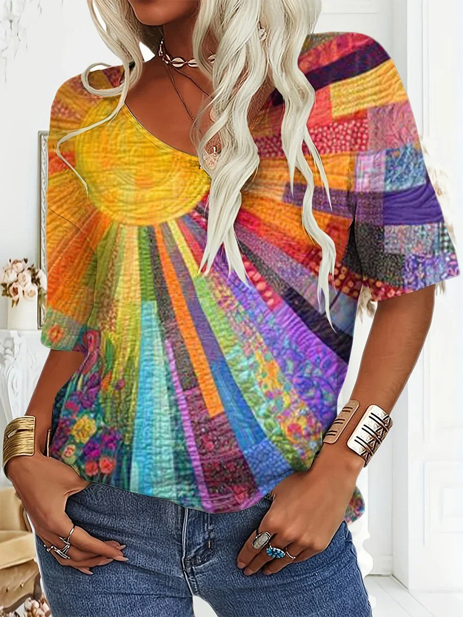 Colorful Sunlight Printed V-neck Short Sleeve Loose T-Shirt