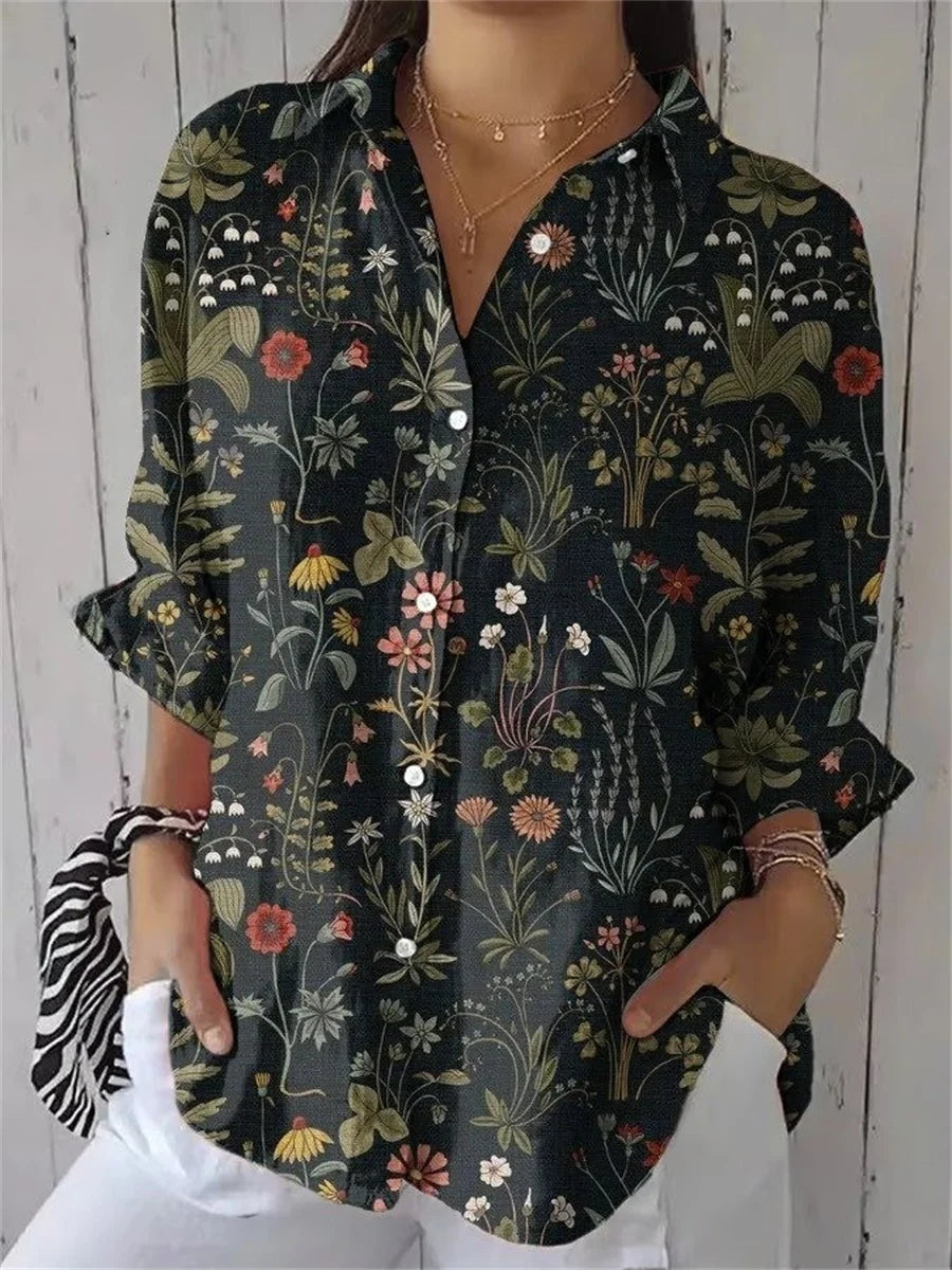 Stylish Floral Print 3/4 Sleeve Loose Shirt