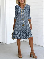 Blue Floral Print V-Neck 3/4 Sleeve Ruffle Hem Dress