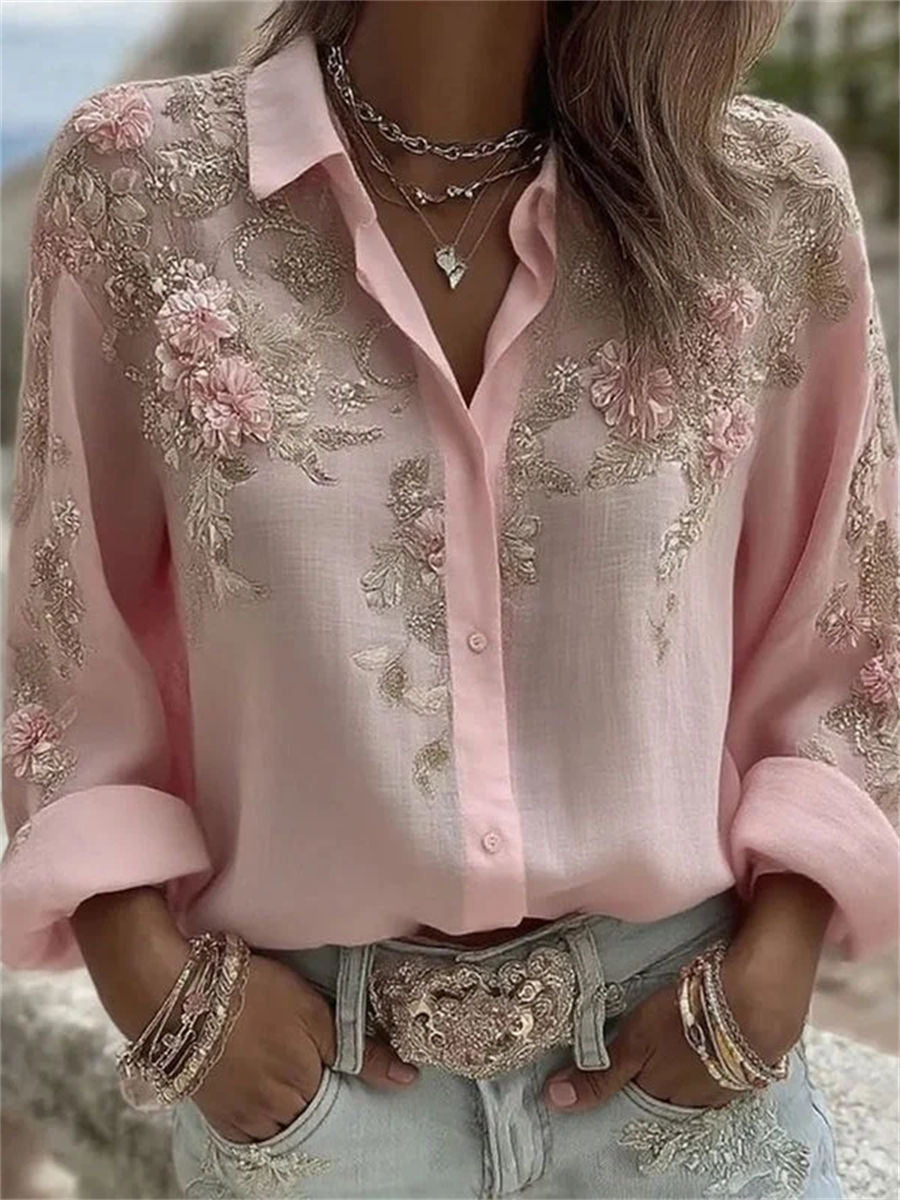 Vintage Floral Print Long Sleeve Blouse