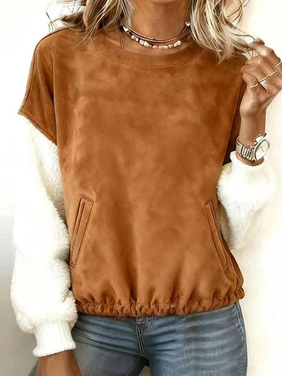 Brown Suede Color Block Faux Fur Sleeve Round Neck Top