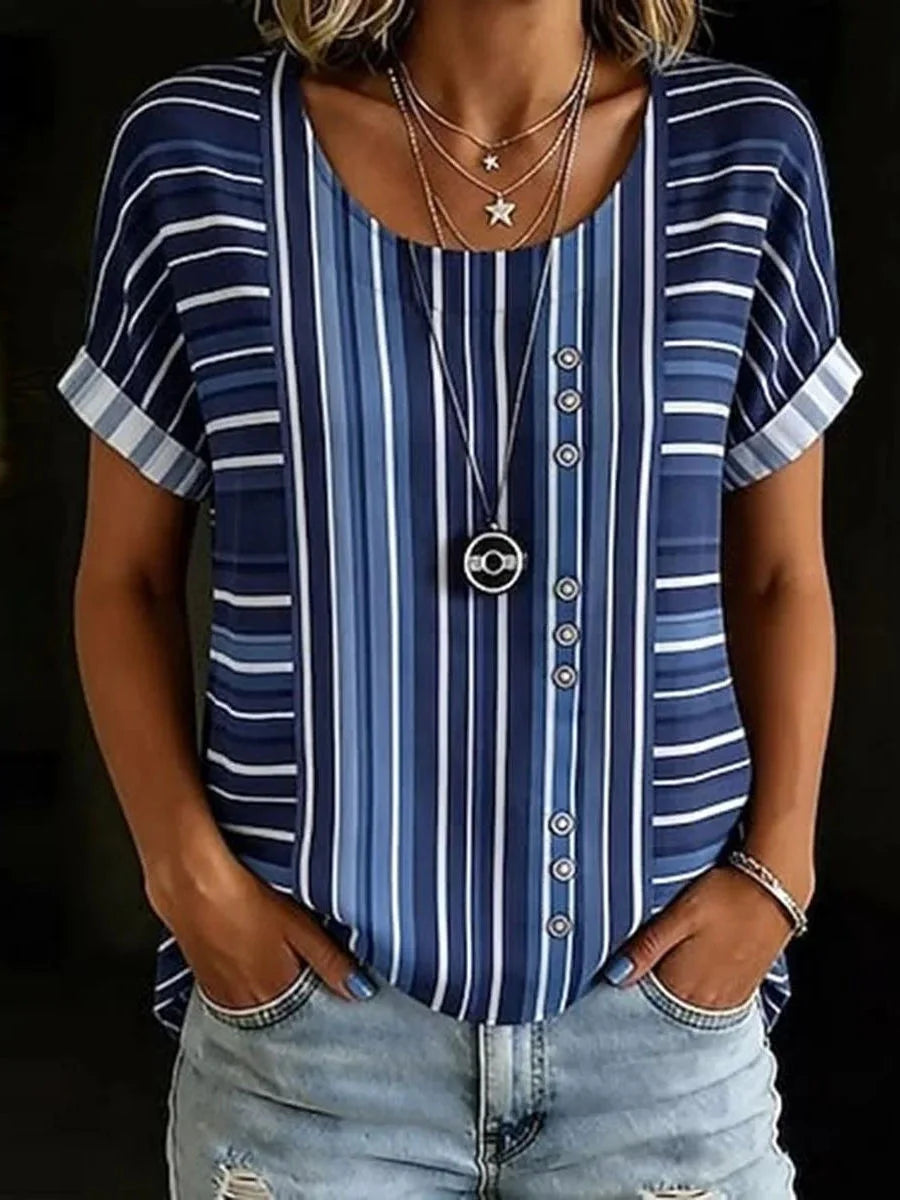 Blue Stripe Cuffed Short Sleeve Blouse