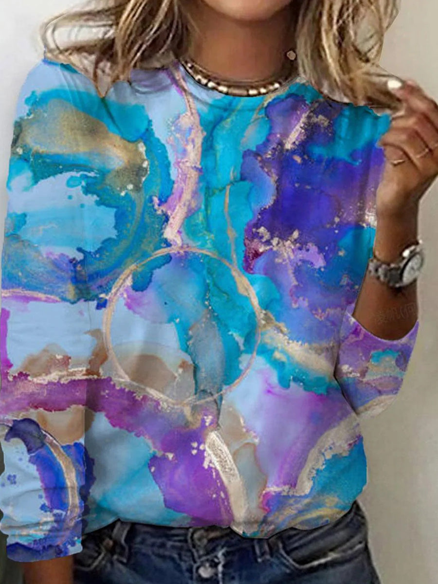 Casual Blue Round Neck Long Sleeve Top