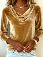 Soft Velvet Cowl Neck Plain Long Sleeve Top