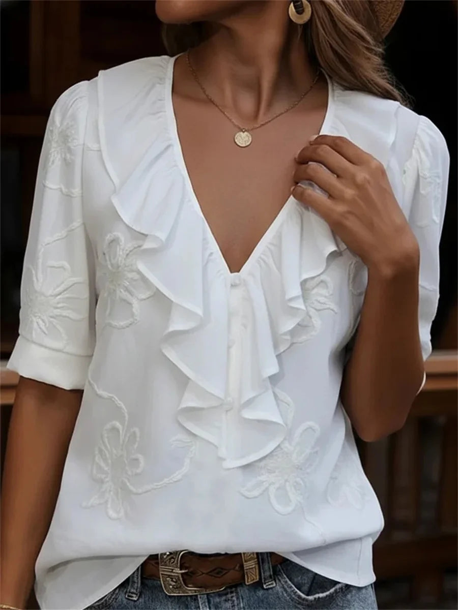 Elegant Ruffled V-neck Floral Printed Short Sleeve Shirt