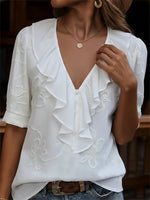 Elegant Ruffled V-neck Floral Printed Short Sleeve Shirt