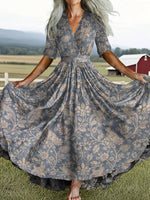 Women's Vintage Floral Art Print V-neck Short Sleeve Maxi Dress