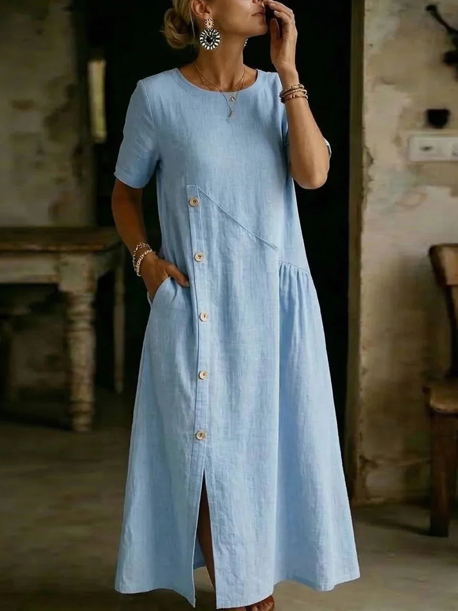 Light Blue Round Neck Short Sleeve Maxi Dress
