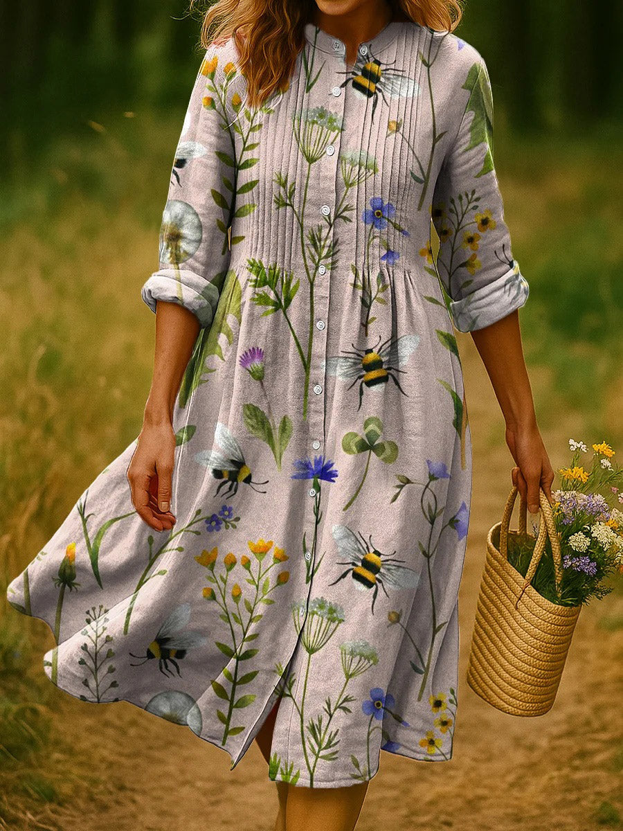 Women's Floral and Bee Print Long Sleeve Pleated Dress