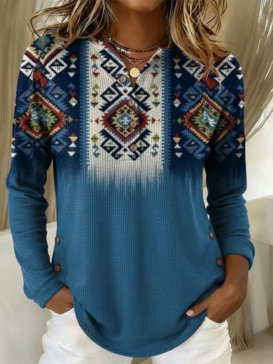 Vintage Ethnic Print Long Sleeve Blouse