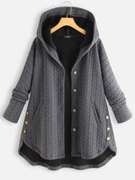 Women's Solid Color Long Sleeve Ireegular Hem Button Up Hooded Jacket