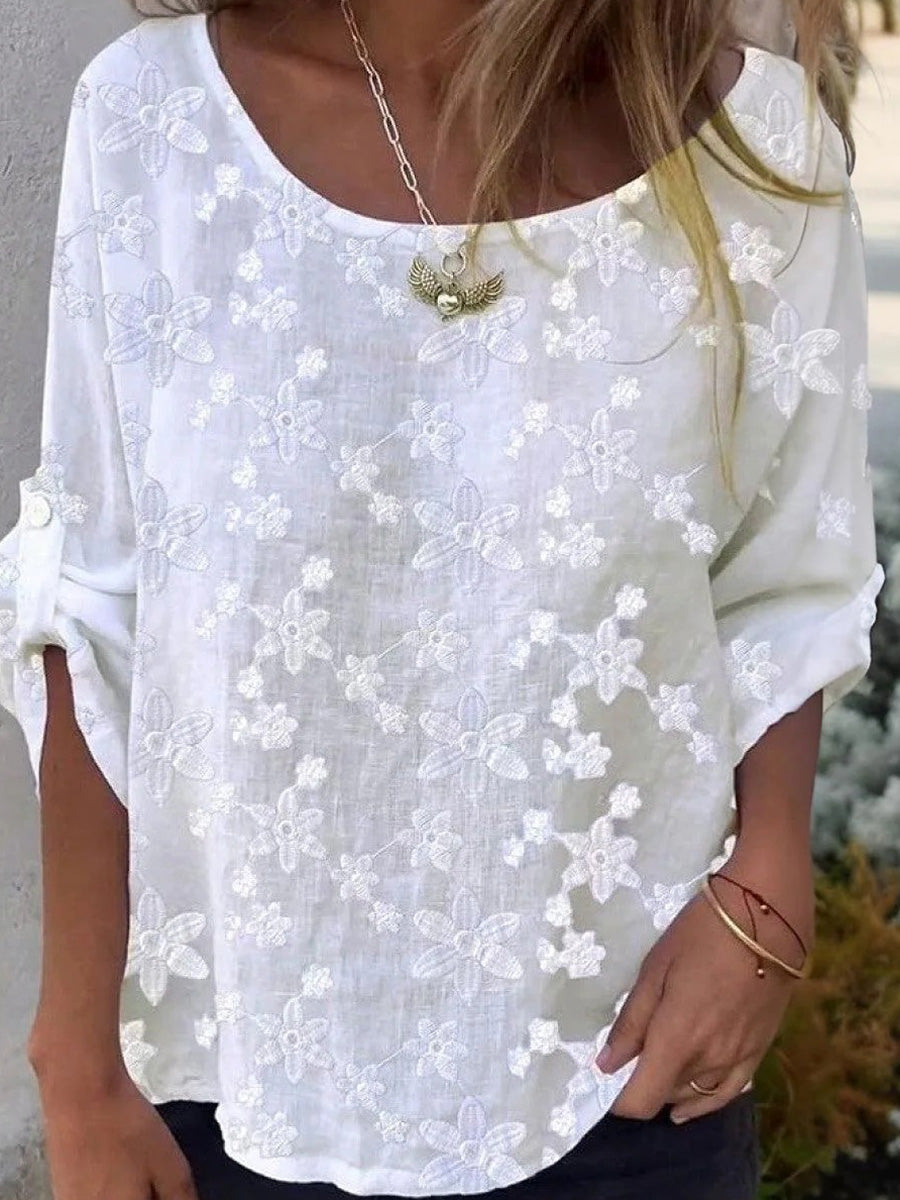 Stunning White 3/4 Sleeve Round Neck Top