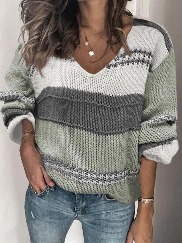 Gray Casual Graphic Tops Long Sleeve V Neck Stripe Splicing Sweater