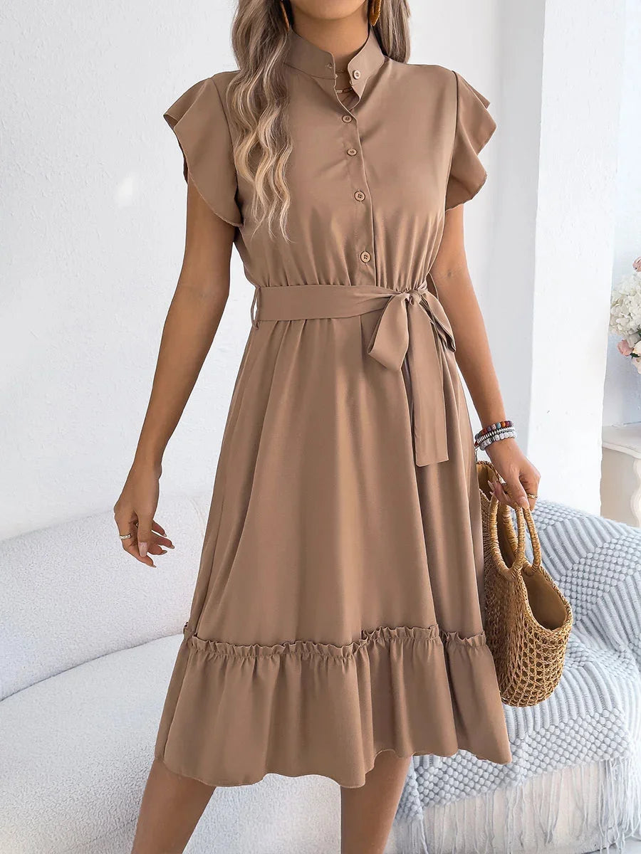 Women's Casual Short Sleeve Ruffled Tie Waist Shirt Dress