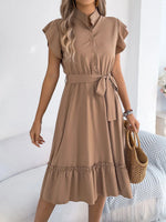 Women's Casual Short Sleeve Ruffled Tie Waist Shirt Dress