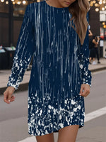 Casual Round Neck Long Sleeve Geometric Printed Blue Dress