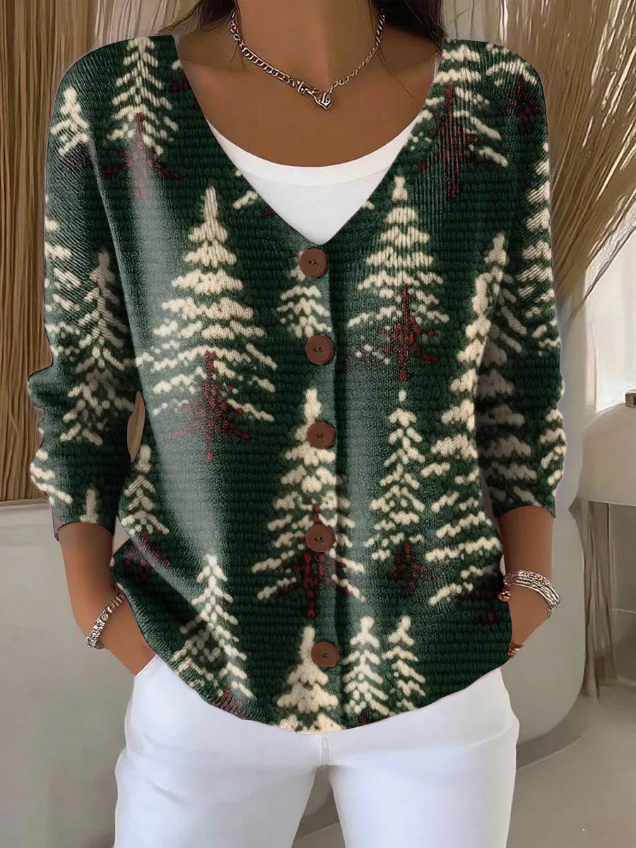 Christmas Tree Print Buttoned V-neck Long Sleeve Cardigan Sweater