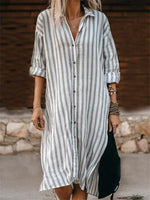 Casual Stripe Print Lapel Long Sleeve Loose Shirt Dress