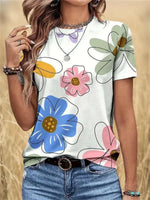 Casual Floral Print Round Neck Short Sleeve T-Shirt