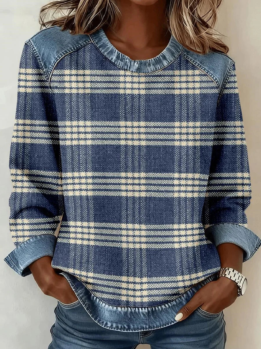 Groovy Denim Check Patchwork Round Neck Long Sleeve Top