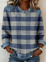 Groovy Denim Check Patchwork Round Neck Long Sleeve Top