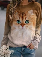 Brown Casual Graphic Tops Round Neck Cat Printed Long Sleeve Sweatshirts
