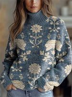 Vintage Lovely Floral Print Round Neck Long Sleeve Pullover Sweater