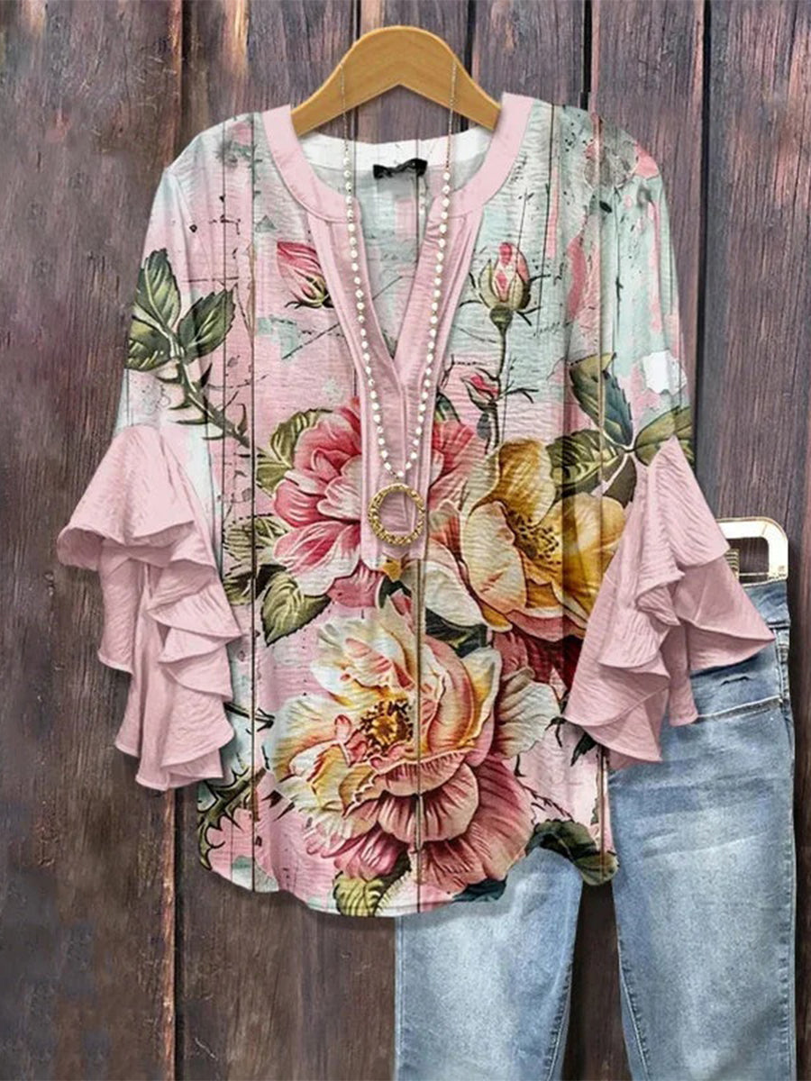 Vintage Floral Print V-neck 3/4 Sleeve Blouse