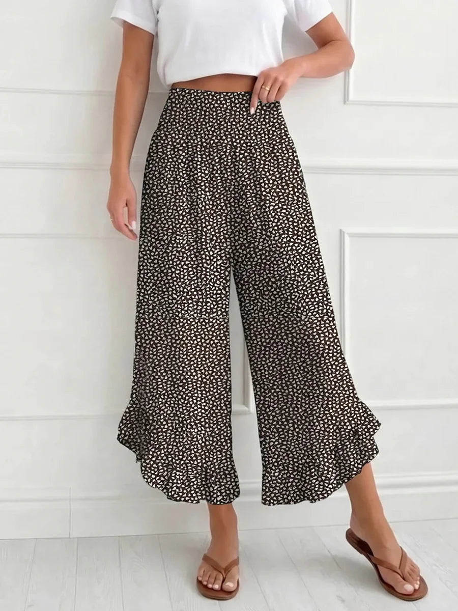 Coffee Floral Ruffle Hem Culottes