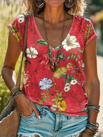 Vintage Floral Print V-neck Short Sleeve T-Shirt
