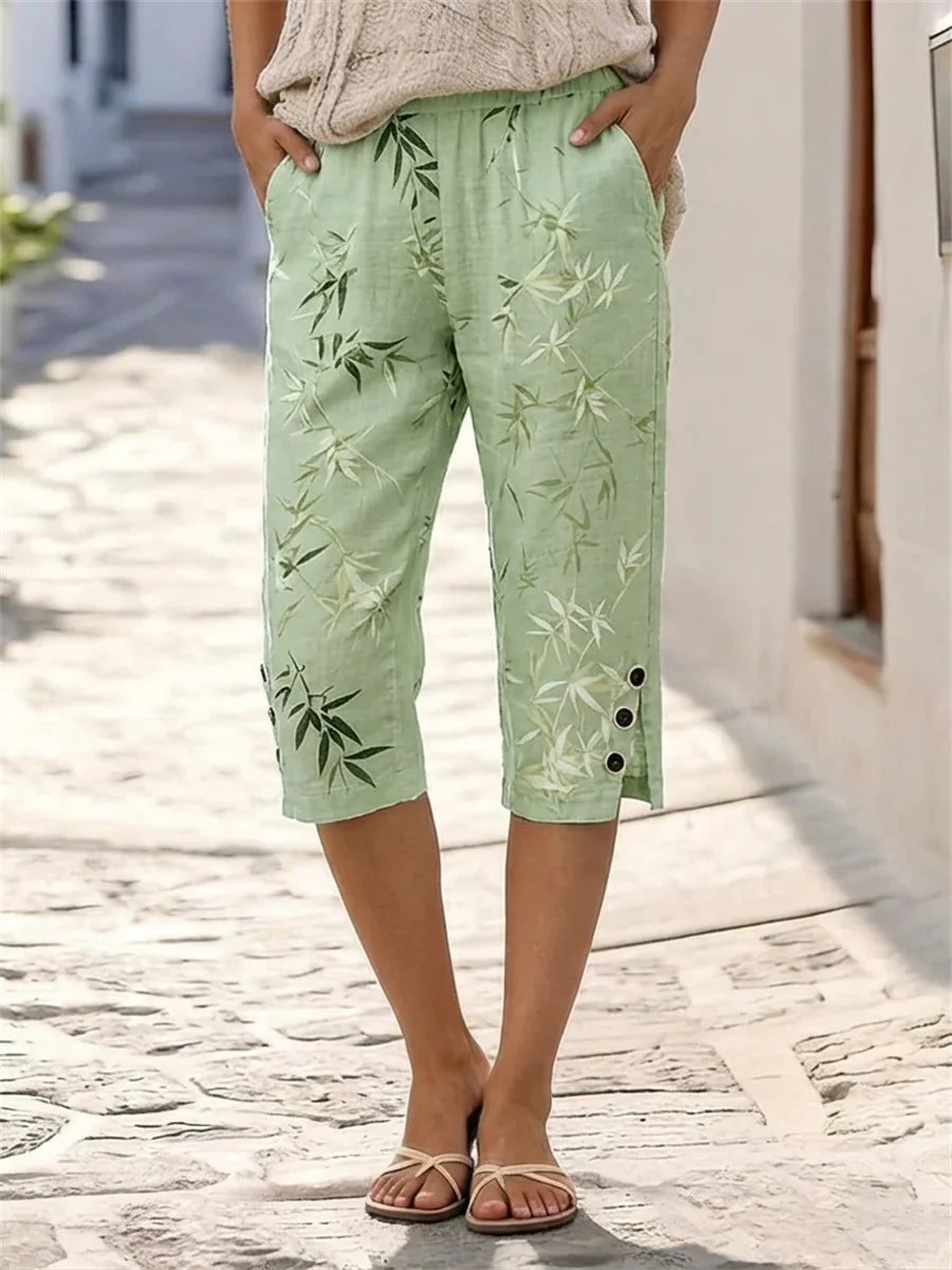 Green Bamboo Print Capri Pants
