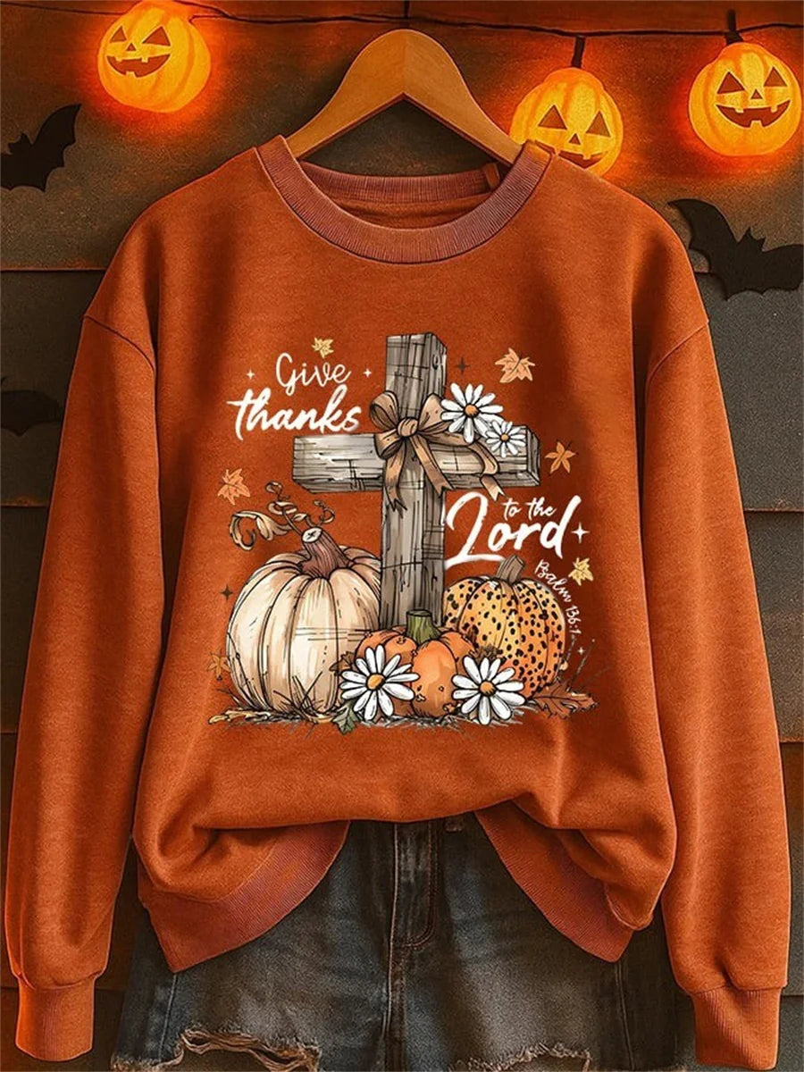 Retro Autumn Pumpkin Print Round Neck Long Sleeve Sweatshirt