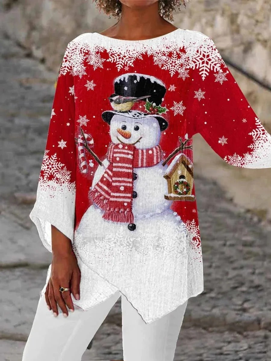 Asymmetrical 3/4 Sleeve Scoop Neck Printed Graphic Christmas Tops