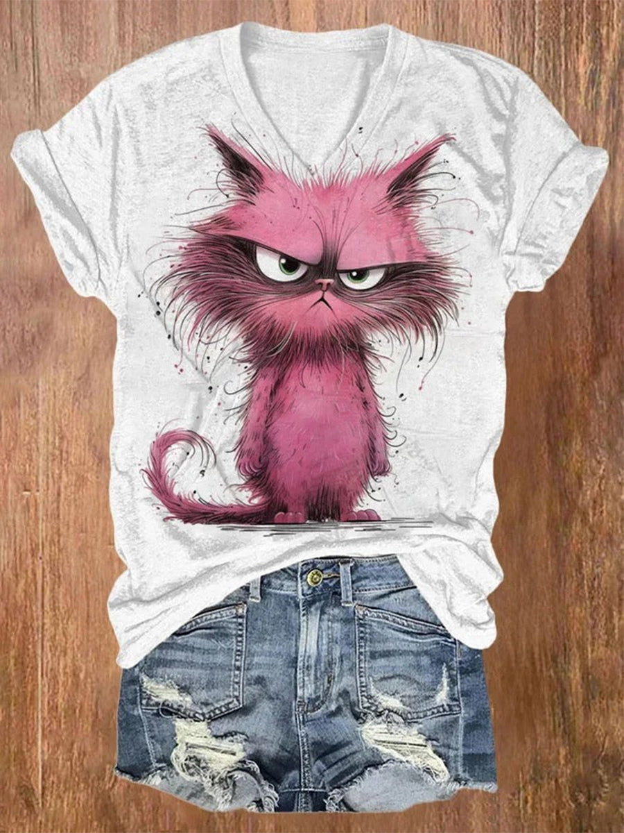 Cute Fluffy Angry Cat Print V Neck T-Shirt