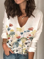 White Casual V Neck Floral Printed Long Sleeve Blouse
