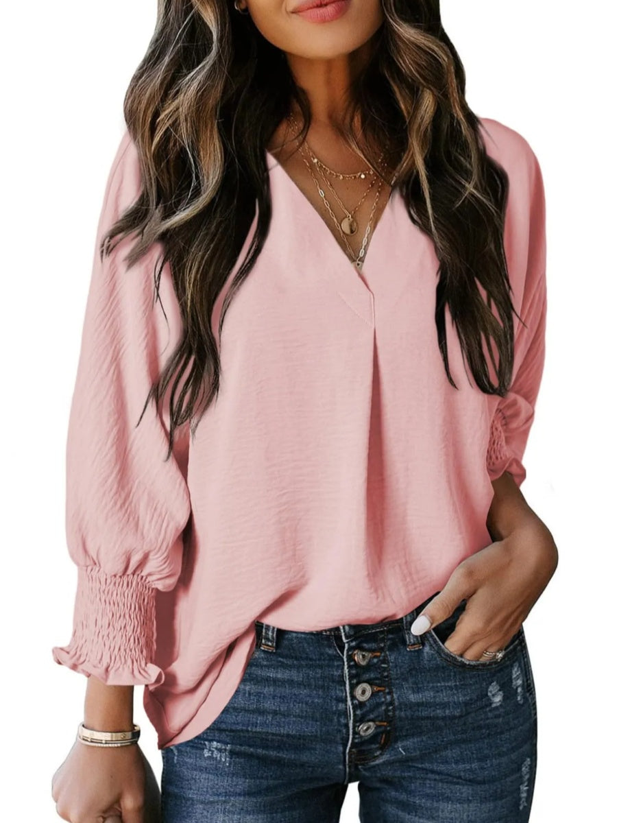 Casual 3/4 Sleeve V Neck Loose Fit Basic Tees