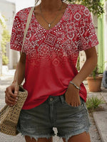 Vintage Ethnic Print V-neck Short Sleeve T-Shirt