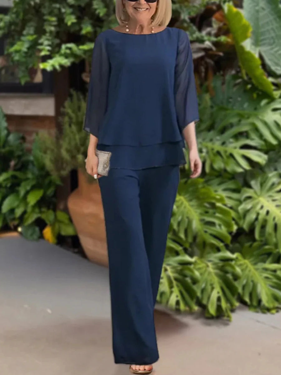 Blue Round Neck 3/4 Sleeve Plain Two Piece Set