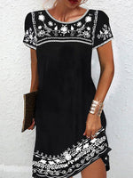 Women's Boho Floral Embroidered Black Short Sleeve Dress