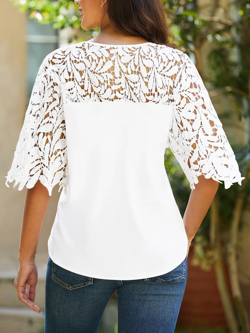 White Casual V Neck Lace Half Sleeve Blouse