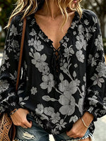 Women's Retro Bohemian Japanese Art Floral Print V-neck Long Sleeve Top