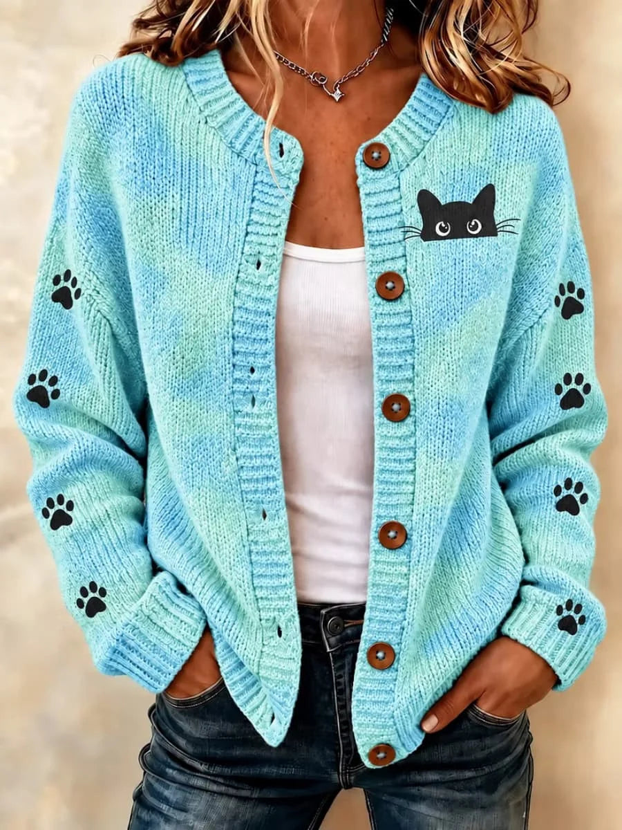 Women's Retro Colorful Gradient Black Cat Art Print Knit Crew Neck Long Sleeve Button Cardigan