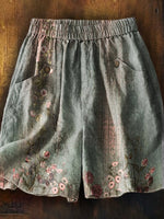 Women's Vintage Ethnic Floral Art Printed Casual Pocket Shorts
