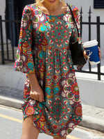 Vintage Bohemian Printed Round Neck 3/4 Sleeve Dress