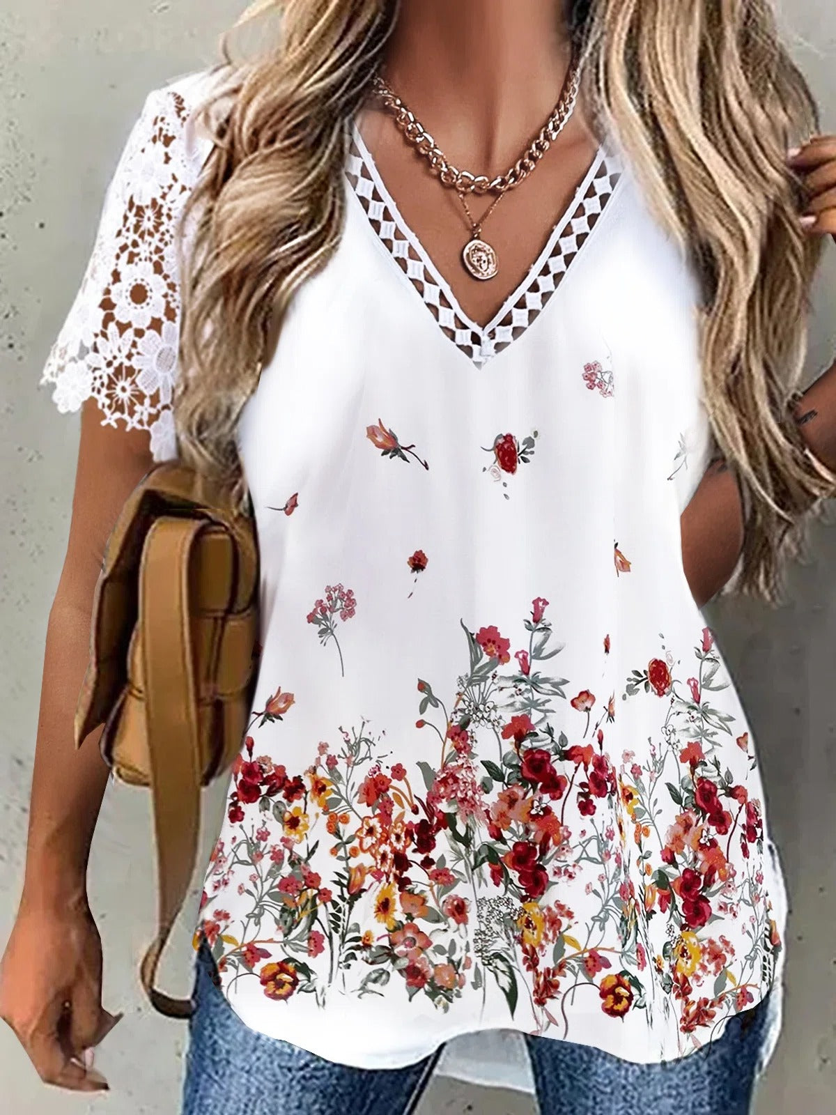 Floral Printed V-neck Hollow Out Short Lace Sleeve Blouse - White