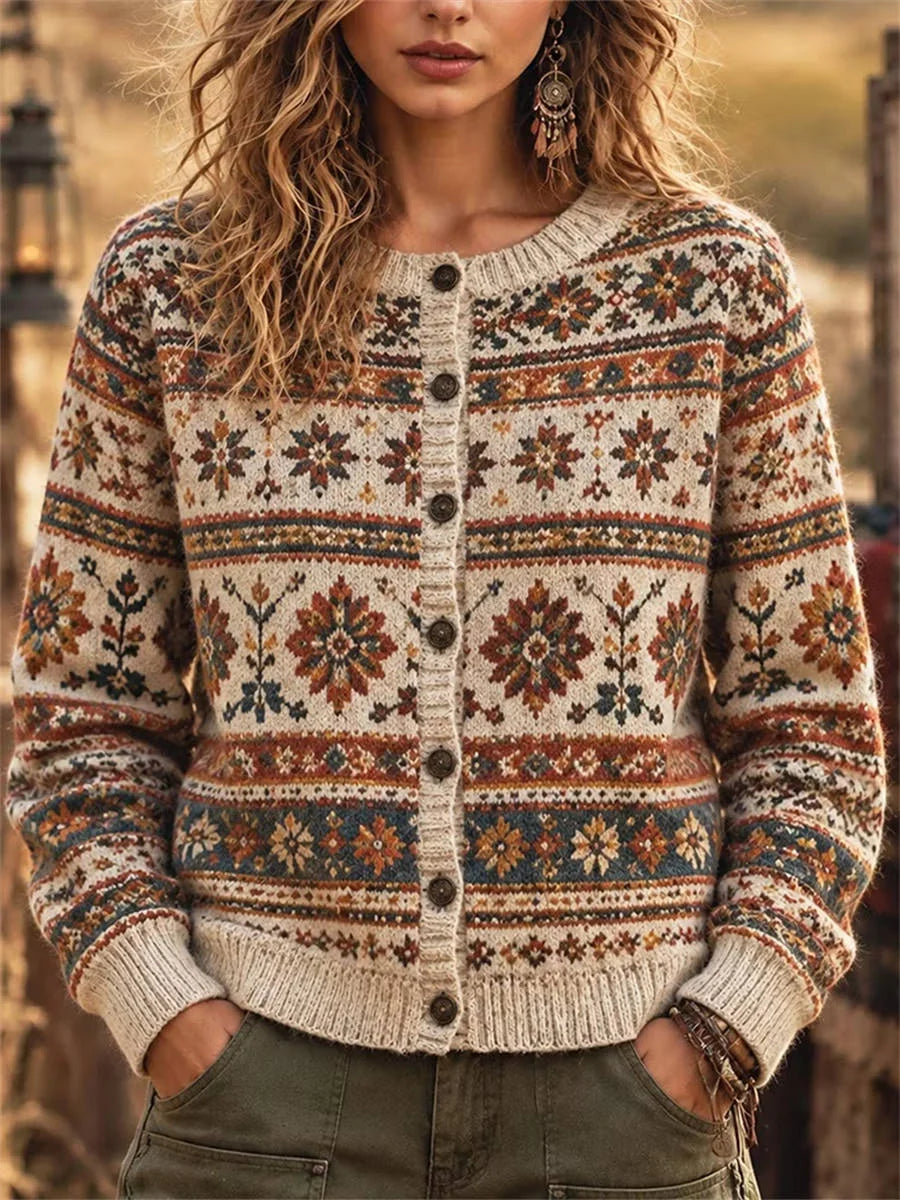 Women's Vintage Boho Fair Isle Floral Long Sleeve Knit Cardigan